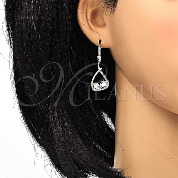 Arete Colgante 02.26.0171 Rodio Laminado, Diseño de Gota, con Swarovski Elements Aurore Boreale y Zirconia Cubica Blanca, Pulido, Rodinado
