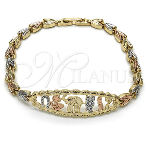 Pulsera Elegante 03.253.0019.08 Oro Laminado, Diseño de Elefante y Búho, con Rubi Zirconia Cubica, Pulido, Tres Tonos (05 MM Thickness, 8 Inches Length)