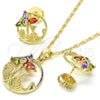 Juego de Arete y Dije de Adulto 10.221.0019 Oro Laminado, Diseño de Flor y Oja, con Multicolor Zirconia Cubica, Pulido, Tono Dorado