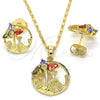 Juego de Arete y Dije de Adulto 10.221.0019 Oro Laminado, Diseño de Flor y Oja, con Multicolor Zirconia Cubica, Pulido, Tono Dorado