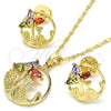 Juego de Arete y Dije de Adulto 10.221.0019 Oro Laminado, Diseño de Flor y Oja, con Multicolor Zirconia Cubica, Pulido, Tono Dorado