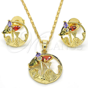 Juego de Arete y Dije de Adulto 10.221.0019 Oro Laminado, Diseño de Flor y Oja, con Multicolor Zirconia Cubica, Pulido, Tono Dorado
