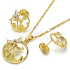 Juego de Arete y Dije de Adulto 10.221.0019.1 Oro Laminado, Diseño de Flor y Oja, con Blanca Zirconia Cubica, Pulido, Tono Dorado