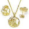 Juego de Arete y Dije de Adulto 10.221.0019.1 Oro Laminado, Diseño de Flor y Oja, con Blanca Zirconia Cubica, Pulido, Tono Dorado