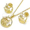 Juego de Arete y Dije de Adulto 10.221.0019.1 Oro Laminado, Diseño de Flor y Oja, con Blanca Zirconia Cubica, Pulido, Tono Dorado