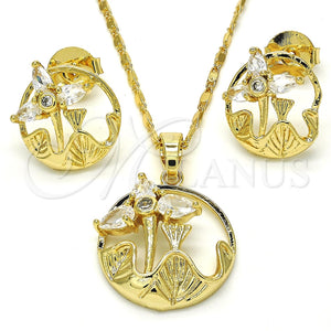 Juego de Arete y Dije de Adulto 10.221.0019.1 Oro Laminado, Diseño de Flor y Oja, con Blanca Zirconia Cubica, Pulido, Tono Dorado