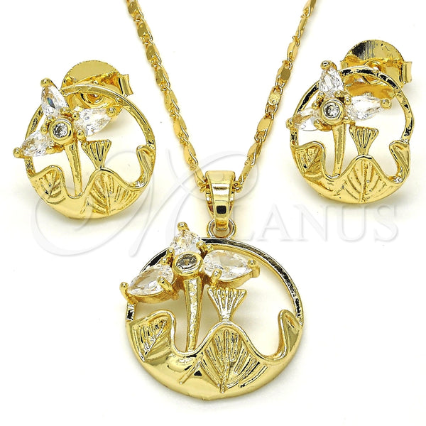 Juego de Arete y Dije de Adulto 10.221.0019.1 Oro Laminado, Diseño de Flor y Oja, con Blanca Zirconia Cubica, Pulido, Tono Dorado
