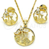 Juego de Arete y Dije de Adulto 10.221.0019.1 Oro Laminado, Diseño de Flor y Oja, con Blanca Zirconia Cubica, Pulido, Tono Dorado