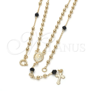 Rosario Fino 09.09.0009.18 Oro Laminado, Diseño de Guadalupe y Crucifijo, con Negro Azavache, Pulido, Tono Dorado