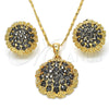 Juego de Arete y Dije de Adulto 10.273.0027 Oro Laminado, Diseño de Flor, con Negro Cristal, Pulido, Tono Dorado