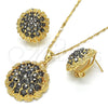 Juego de Arete y Dije de Adulto 10.273.0027 Oro Laminado, Diseño de Flor, con Negro Cristal, Pulido, Tono Dorado