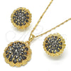 Juego de Arete y Dije de Adulto 10.273.0027 Oro Laminado, Diseño de Flor, con Negro Cristal, Pulido, Tono Dorado