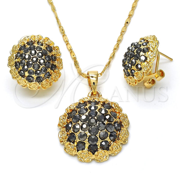 Juego de Arete y Dije de Adulto 10.273.0027 Oro Laminado, Diseño de Flor, con Negro Cristal, Pulido, Tono Dorado