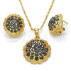 Juego de Arete y Dije de Adulto 10.273.0027 Oro Laminado, Diseño de Flor, con Negro Cristal, Pulido, Tono Dorado