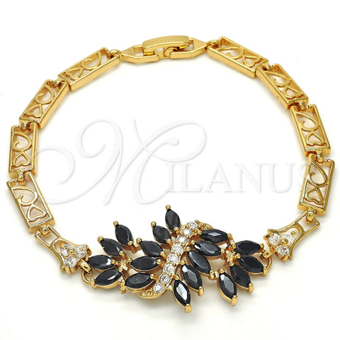 Pulsera Elegante 03.210.0059.08 Oro Laminado, Diseño de Corazón, con Negro and Blanca Zirconia Cubica, Pulido, Tono Dorado (06 MM Thickness, 8 Inches Length)