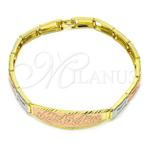 Pulsera con Placa 03.26.0037.08 Oro Laminado, Diamantado, Tres Tonos (05 MM Thickness, 8 Inches Length)