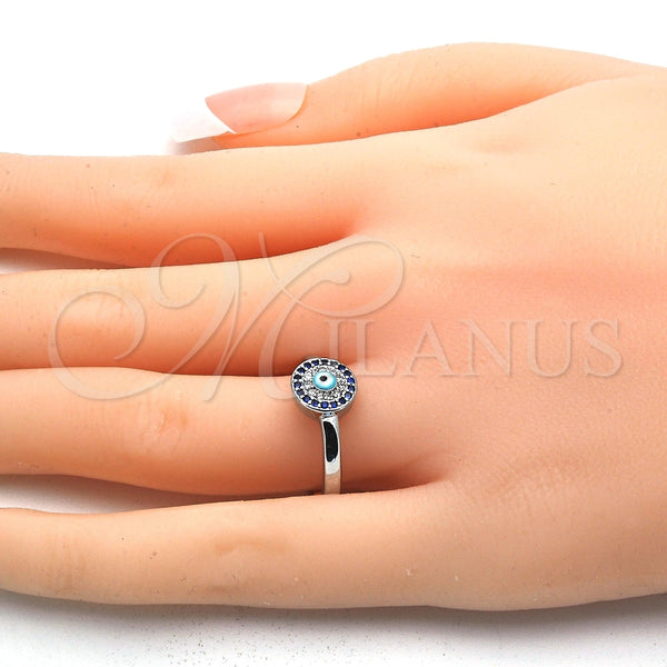 Anillo Multi Piedra 01.60.0004.1.07 Rodio Laminado, Diseño de Ojo Griego, con Micro Pave Zafiro Azul y Blanca, Esmaltado Turquesa, Rodinado (Tamaño 7)
