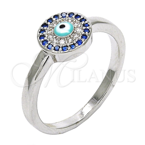 Anillo Multi Piedra 01.60.0004.1.07 Rodio Laminado, Diseño de Ojo Griego, con Micro Pave Zafiro Azul y Blanca, Esmaltado Turquesa, Rodinado (Tamaño 7)