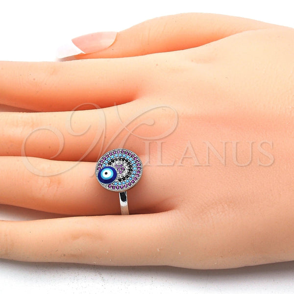 Anillo Multi Piedra 01.60.0005.1.08 Rodio Laminado, Diseño de Ojo Griego, con Micro Pave Multicolor, Esmaltado Azul, Rodinado (Tamaño 8)