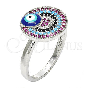 Anillo Multi Piedra 01.60.0005.1.08 Rodio Laminado, Diseño de Ojo Griego, con Micro Pave Multicolor, Esmaltado Azul, Rodinado (Tamaño 8)
