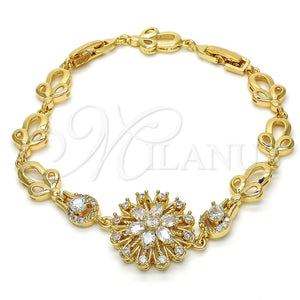 Pulsera Elegante 03.205.0029.07 Oro Laminado, Diseño de Flor, con Blanca Zirconia Cubica, Pulido, Tono Dorado (09 MM Thickness, 7 Inches Length)