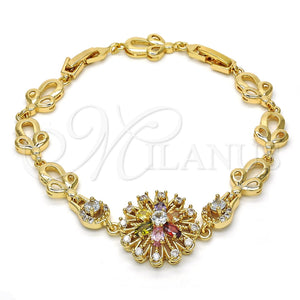 Pulsera Elegante 03.205.0029.1.07 Oro Laminado, Diseño de Flor, con Multicolor Zirconia Cubica, Pulido, Tono Dorado (09 MM Thickness, 7 Inches Length)