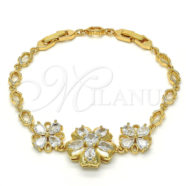 Pulsera Elegante 03.205.0037.07 Oro Laminado, Diseño de Flor, con Blanca Zirconia Cubica, Pulido, Tono Dorado (05 MM Thickness, 7 Inches Length)