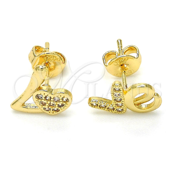 Arete Dormilona 02.260.0017 Oro Laminado, Diseño de Corazón y Amor, con Blanca Micro Pave, Pulido, Tono Dorado