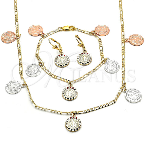 Collar, Pulsera y Dije 06.253.0001 Oro Laminado, Diseño de San Benito y Elefante, con Multicolor Cristal, Pulido, Tres Tonos