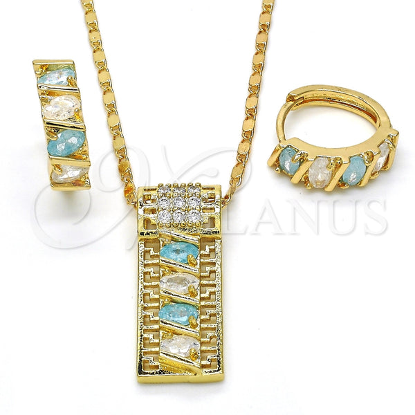 Collar y Dije 10.210.0041 Oro Laminado, Diseño de Llave Griega, con Zirconia Cubica Aqua Azul y Blanca, Pulido, Tono Dorado
