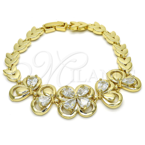 Pulsera Elegante 03.266.0022.1.07 Oro Laminado, Diseño de Flor y Oja, con Blanca Zirconia Cubica, Pulido, Tono Dorado (07 MM Thickness, 7 Inches Length)
