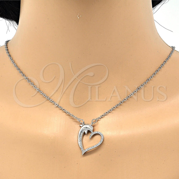 Collares con Dije 04.304.0010.1.18 Rodio Laminado, Diseño de Corazón y Delfín, con Micro Pave Blanca, Pulido, Rodinado (Grosor 02 MM, 18 Pulgadas de Largo)