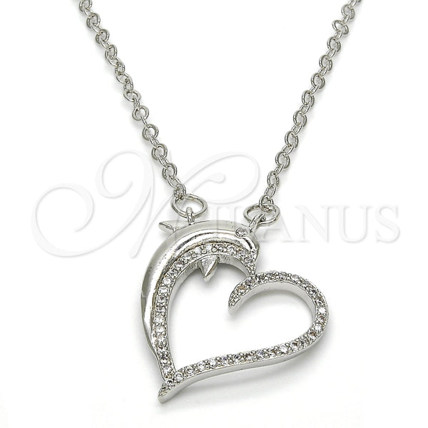 Collares con Dije 04.304.0010.1.18 Rodio Laminado, Diseño de Corazón y Delfín, con Micro Pave Blanca, Pulido, Rodinado (Grosor 02 MM, 18 Pulgadas de Largo)