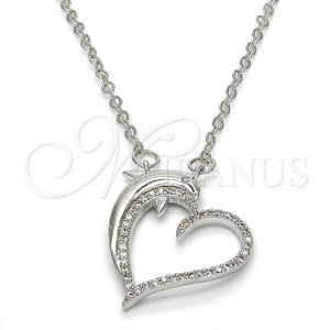 Collares con Dije 04.304.0010.1.18 Rodio Laminado, Diseño de Corazón y Delfín, con Micro Pave Blanca, Pulido, Rodinado (Grosor 02 MM, 18 Pulgadas de Largo)