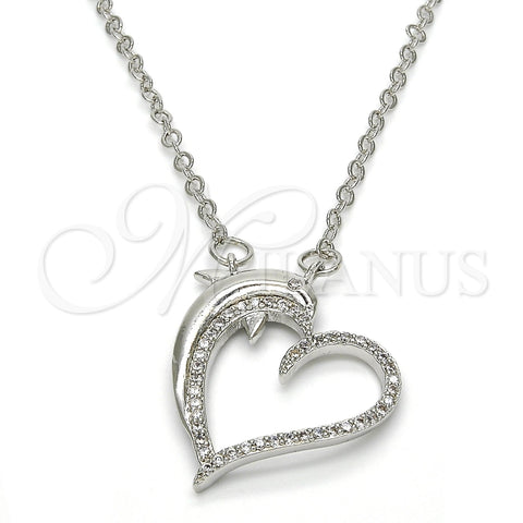 Collares con Dije 04.304.0010.1.18 Rodio Laminado, Diseño de Corazón y Delfín, con Micro Pave Blanca, Pulido, Rodinado (Grosor 02 MM, 18 Pulgadas de Largo)