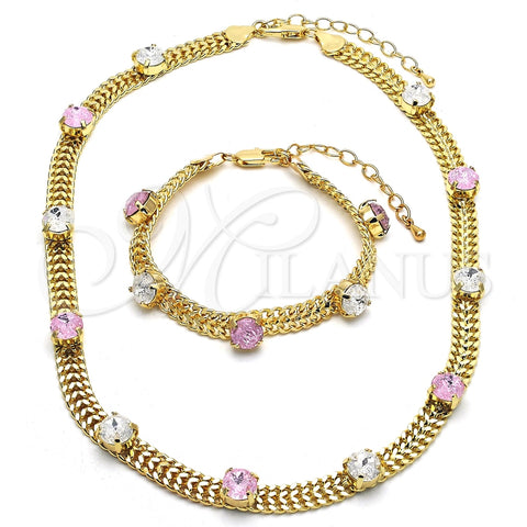 Collar y Pulsera 06.185.0015.1 Oro Laminado, con Rosado and Blanca Zirconia Cubica, Pulido, Tono Dorado