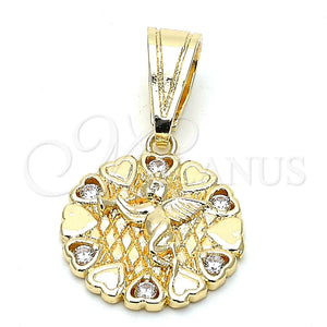 Dije Religioso 05.120.0084 Oro Laminado, Diseño de Angel y Corazón, con Blanca Zirconia Cubica, Pulido, Tono Dorado