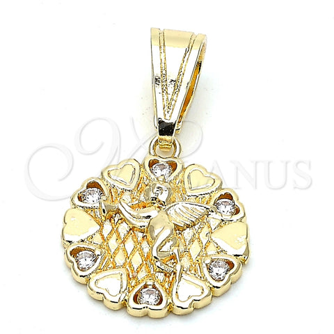 Dije Religioso 05.120.0084 Oro Laminado, Diseño de Angel y Corazón, con Blanca Zirconia Cubica, Pulido, Tono Dorado