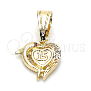 Dije Elegante 05.120.0087 Oro Laminado, Diseño de Corazón y Delfín, con Granate and Blanca Zirconia Cubica, Pulido, Tono Dorado