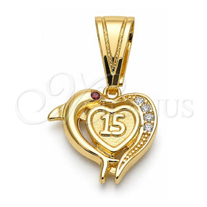Dije Elegante 05.120.0087 Oro Laminado, Diseño de Corazón y Delfín, con Granate and Blanca Zirconia Cubica, Pulido, Tono Dorado