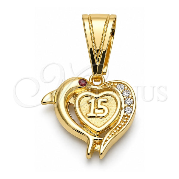 Dije Elegante 05.120.0087 Oro Laminado, Diseño de Corazón y Delfín, con Granate and Blanca Zirconia Cubica, Pulido, Tono Dorado