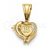 Dije Elegante 05.120.0087 Oro Laminado, Diseño de Corazón y Delfín, con Granate and Blanca Zirconia Cubica, Pulido, Tono Dorado