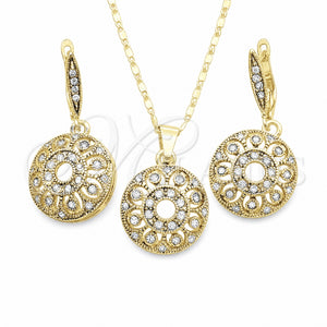 Juego de Arete y Dije de Adulto 10.314.0006.1 Oro Laminado, Diseño de Flor, con Blanca Cristal, Pulido, Tono Dorado