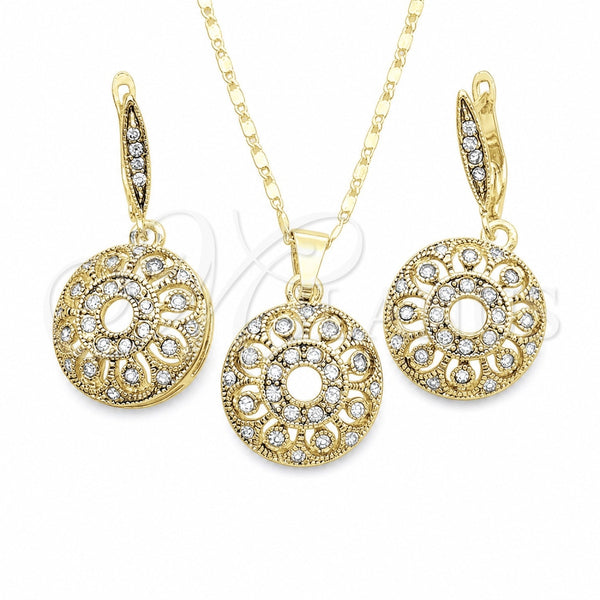 Juego de Arete y Dije de Adulto 10.314.0006.1 Oro Laminado, Diseño de Flor, con Blanca Cristal, Pulido, Tono Dorado
