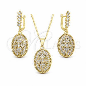 Juego de Arete y Dije de Adulto 10.314.0007.1 Oro Laminado, Diseño de Flor, con Blanca Cristal, Pulido, Tono Dorado
