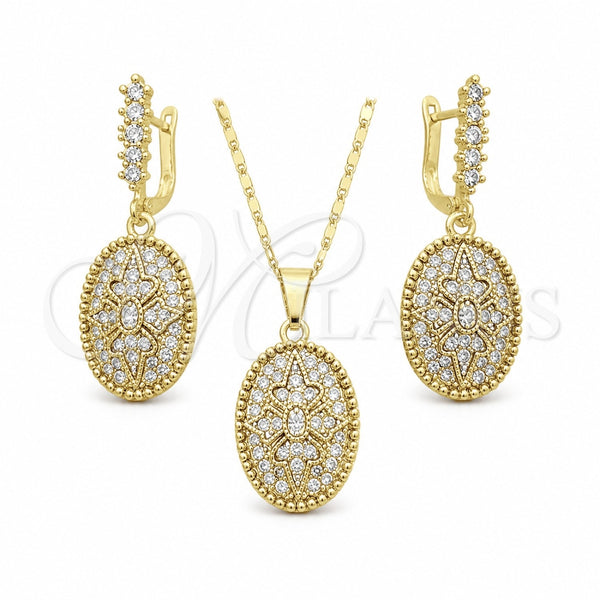 Juego de Arete y Dije de Adulto 10.314.0007.1 Oro Laminado, Diseño de Flor, con Blanca Cristal, Pulido, Tono Dorado