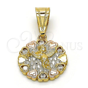Dije Religioso 05.120.0084.1 Oro Laminado, Diseño de Angel y Corazón, con Blanca Zirconia Cubica, Pulido, Tres Tonos