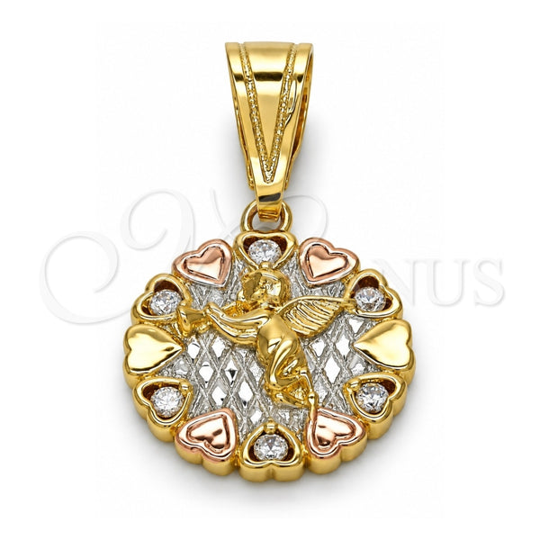 Dije Religioso 05.120.0084.1 Oro Laminado, Diseño de Angel y Corazón, con Zirconia Cubica Blanca, Pulido, Tres Tonos