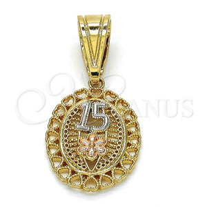Dije Elegante 05.120.0085.1 Oro Laminado, Diseño de Flor y Corazón, Pulido, Tres Tonos