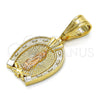 Dije Religioso 05.120.0086.1 Oro Laminado, Diseño de Guadalupe y Corazón, Pulido, Tres Tonos